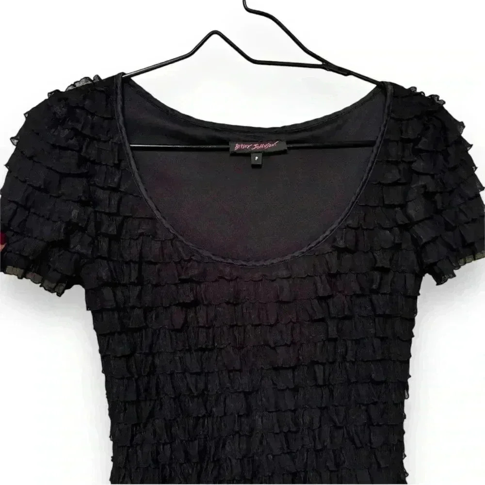 Betsy Johnson P Black Short Sleeve Ruffled Scoop Neck Bodycon Girly Minidress - Picture 4 of 16